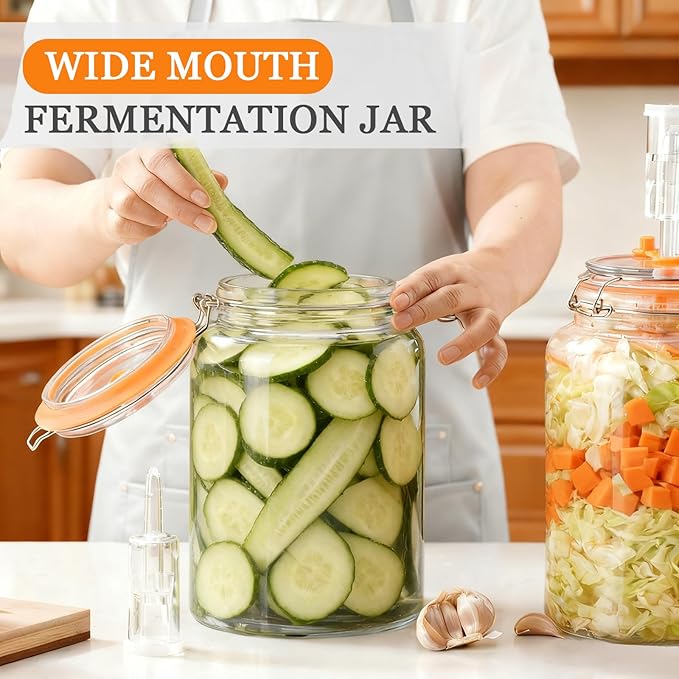 BestYiJo 2PCS 1 Gallon (3.75L) Fermentation Jars with 2 Glass Weights & 2 Airlocks - Ideal for Kombucha, Sauerkraut, Pickles, Sourdough Starter, Kimchi and More
