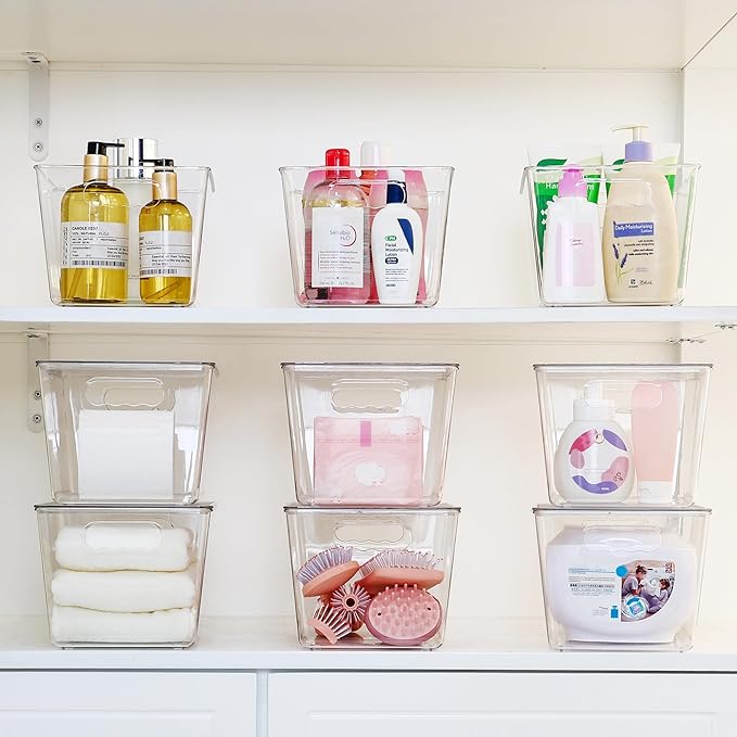 Vtopmart 12 Pack Clear Stackable Storage Bins with Lids, Large Plastic Containers with Handle for Pantry Organizer and Storage,Perfect for Bathroom,Cabinet,Kitchen,Fridge,Closet Organization