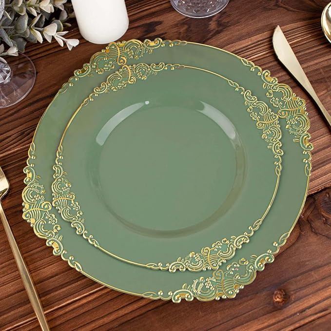 Efavormart 10 Pack | 8" Dusty Sage and Gold Baroque Dessert Plates, Leaf Embossed Metallic Rim Heavy Duty Appetizer Plates for Botanical Parties