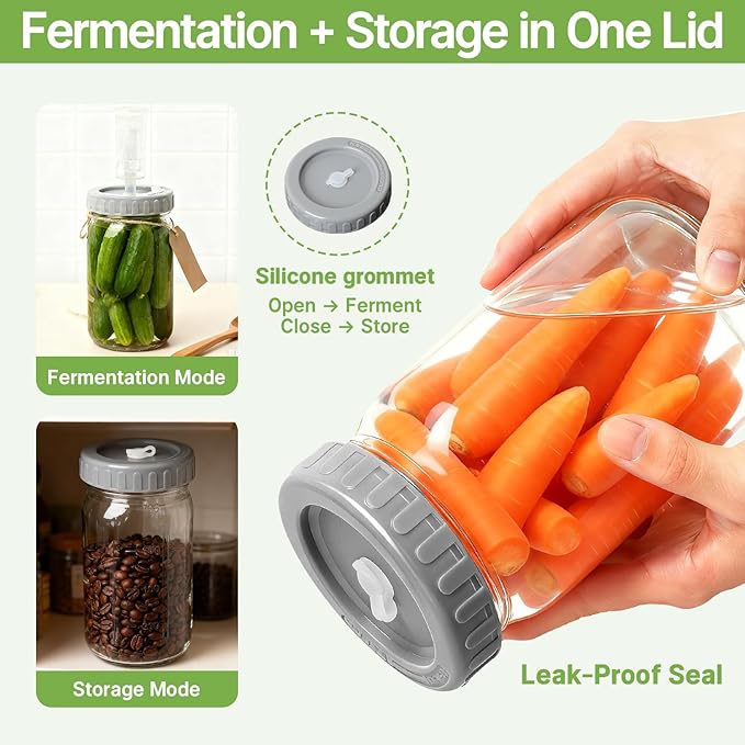 4-Pack Mason Jar Fermentation Kit(Jars Included) Four 32oz Fermentation Jars with Plastic Fermenting Lids, Airlocks, Silicone Rings & Grommets, and Glass Weights for Easy Fermenting & Storage