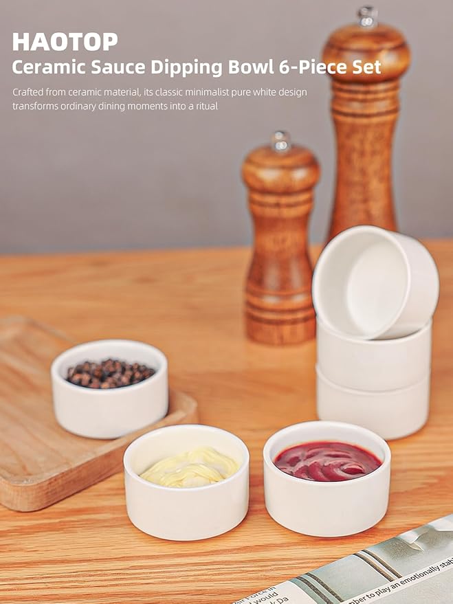 2 oz Mini Porcelain Ramekins Set of 6, Small Ceramics Souffle Dish, Exactly Designed for Dipping Sauce, Ketchup, Salsa and Jams, 60ml White