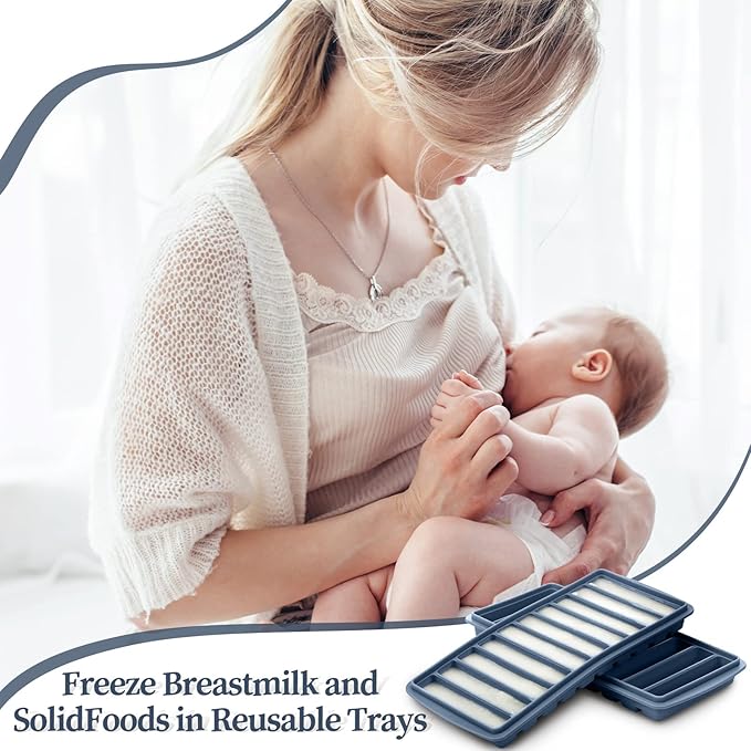 Eaasty 2 Pieces Breastmilk Storage Container Baby Food Milk Silicone Freezer Trays with Lid Breastmilk Freezer Tray Organizer Ice Trays Silicone Storage Bag Tray 10-1 oz Bars(Blue)