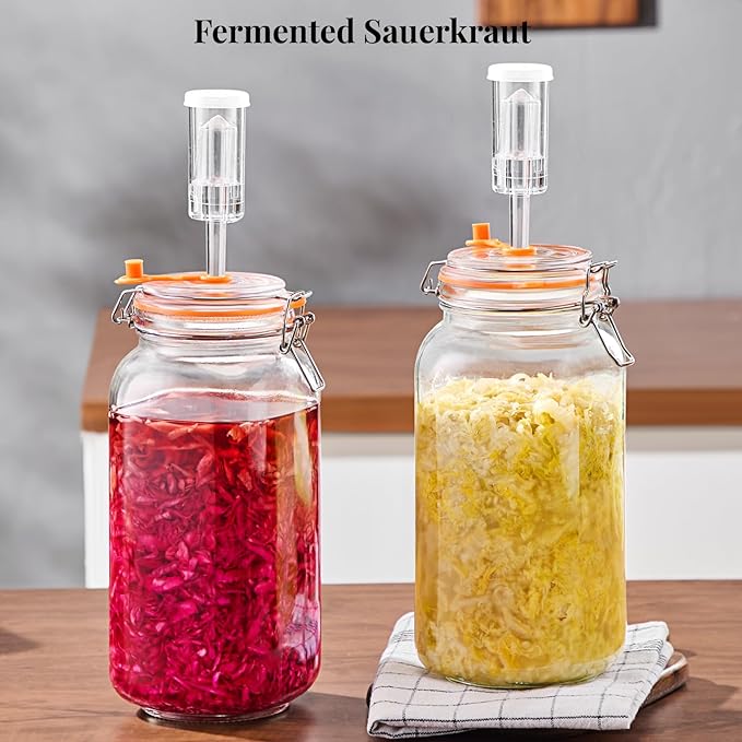 2L Wide Mouth Fermentation Jars, Pack of 2 Complete Fermenting Kit with Airlocks & Glass Weights for Sauerkraut, Kimchi & Pickles