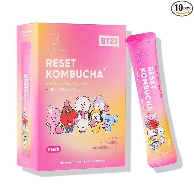 Everydaze BT21 Reset Kombucha Tea Powdered Beverage Mix | 10 Sticks | Prebiotics + Probiotics | Vegan | No Added Sugar, Gluten Free, Sparkling Powder Drink Pack (Peach)