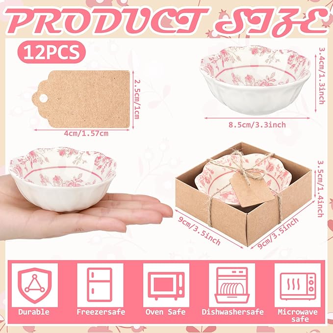 SiliFine 12 Pcs Wedding Favors for Guests Small Ceramic Bowl Bulk Gifts Set 3.3 Inch Floral Design Mini Dipping Sauce Dish with Card Box for Bridal Pooja Baby Shower Birthday (Flower,Pink)