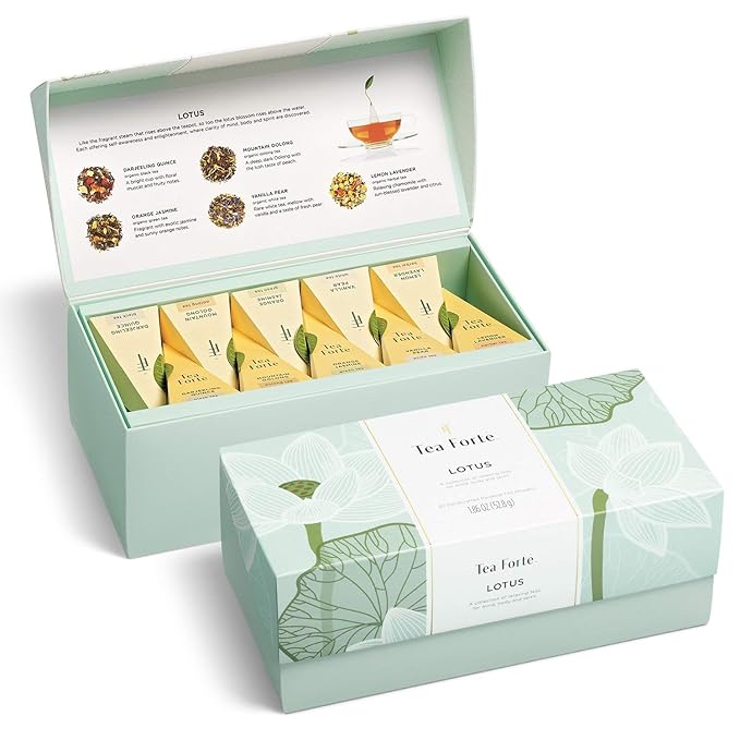 Tea Forte Premium Presentation Box Gift Set Sampler, 20 Count, Assorted Blends Individually Wrapped Handcrafted Pyramid Infuser Bags, Gifts for Mom, Lotus Tea