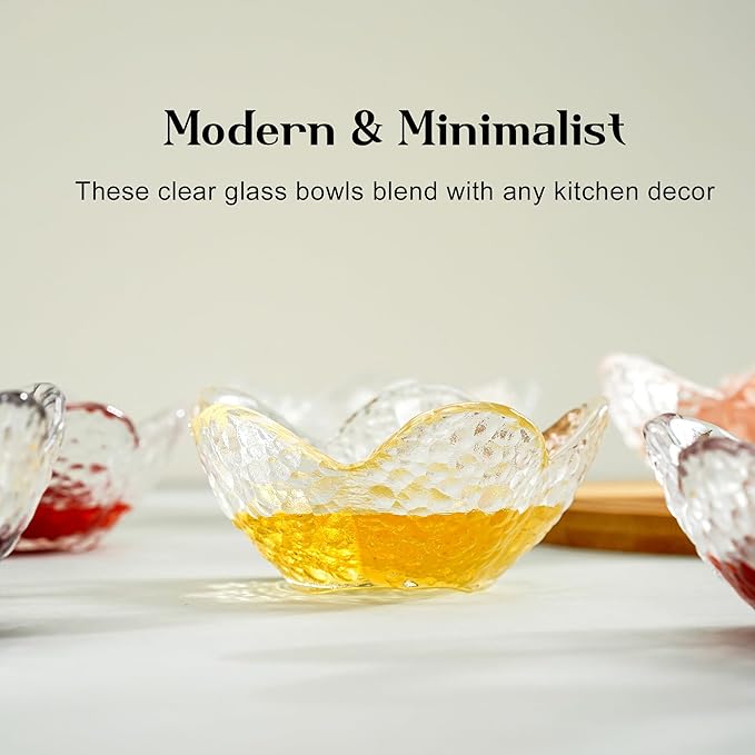 kanpura Mini Glass Bowls, Flower Shaped Prep Bowl, Dishwasher Safe, Pinch Bowls for Dipping Spices Sauce, Stackable, 1.5 oz, Set of 6, (Clear)