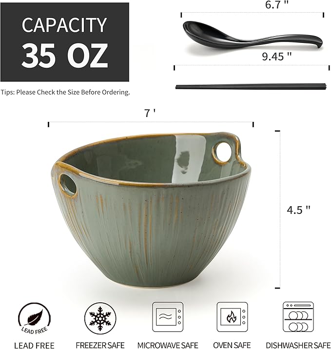 Ramen Bowl with Chopsticks and Spoons Set, 7 Inch Ceramic Noodle Bowl Set of 2, Dishwasher Safe for Pho Udon Soba Noodle Salad Pasta, Special Reactive Wild Sage Earth Bowls Set