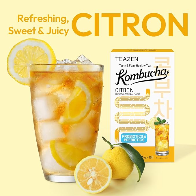 TEAZEN Citron Kombucha Tea, Hydration Drink Mix, Sugar Free, Live Probiotics & Prebiotics, 10 Sticks, 1.76oz