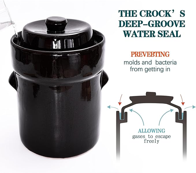 Fermentation Crock Jar 2 Liter/0.5 Gallon - Stoneware Pot for Fermenting, Pickling Kimchi, Pickles, Vegetables, Kombucha - Glazed Fermenter with Stone Weights, Lid