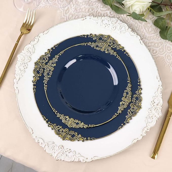 Efavormart 10 Pack | 10" Navy Blue and Gold Baroque Dinner Plates, Leaf Embossed Metallic Rim Heavy Duty Serving Plates for Nautical Receptions