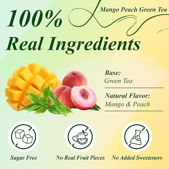 WT WEETEE Mango Peach Green Tea Bags 100 Count, Flavored Steam Green Tea, Natural Mango & Peach Flavoring, No Add Sweeter | Fruity & Refreshing Hot or Iced Tea