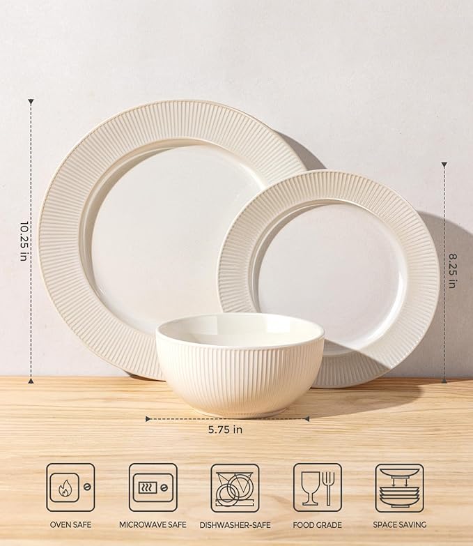TheTerra Stoneware Dinnerware Sets for 4, 12 Pieces Ceramic Plates and Bowls Sets, Scratch Resistant Embossed Dish Set, Oven, Microwave & Dishwasher Safe, Cream White