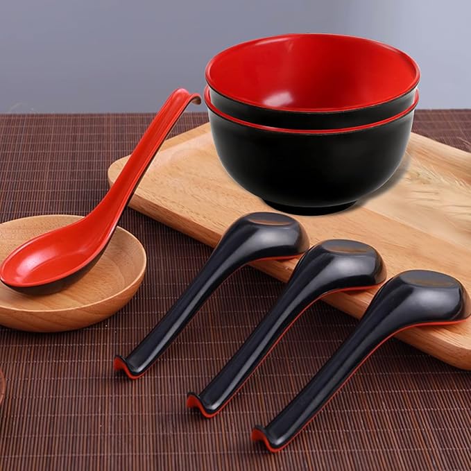 20 Pack Miso Soup Bowls with Spoons, 16 Oz Japanese Melamine Noodle Bowl Unbreakable Miso Soup Cereal Bowls or Ramen, Udon, Soba, Pho (Black/Red)