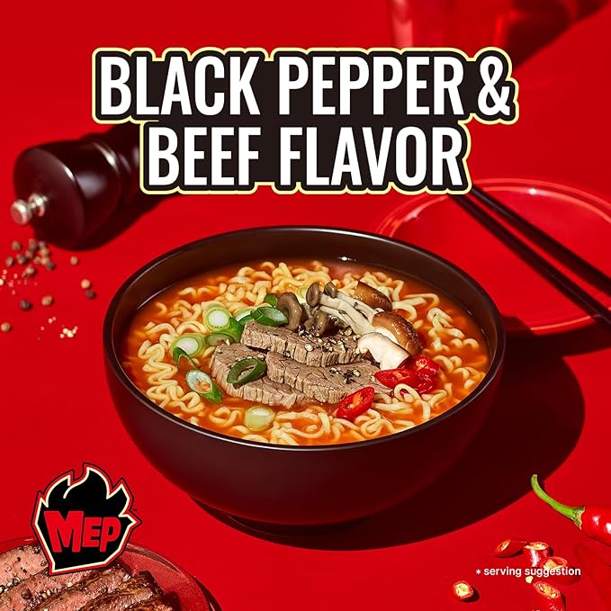 Samyang MEP Black Pepper Beef Ramen Spicy Korean Instant Noodle Soup ENHYPEN Pick Rich Bone Broth Quick Microwave Meal 3.88 oz (Pack of 4)