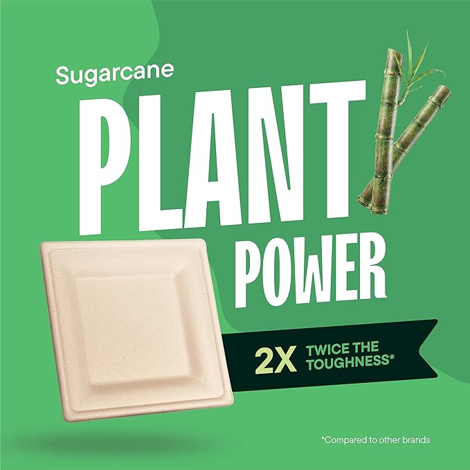 100% Compostable Square Paper Plates [50-Pack] - {PFAS-Free} - {BPI Certified} - [6 Inch] Heavy Duty, Eco-Friendly, Biodegradable Bagasse Dinner Plates - Natural Brown 6" Plate by Stack Man