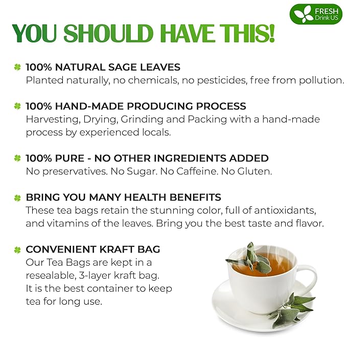 FreshDrinkUS, 75 Sage Leaf Tea Bags, 100% Natural & Pure from Sage Leaves. Loose Leaf Sage Herbal Tea. Sage Leaf Tea. Made with Natural Material Tea Bags. No Sugar, No Caffeine, No Gluten, Vegan.