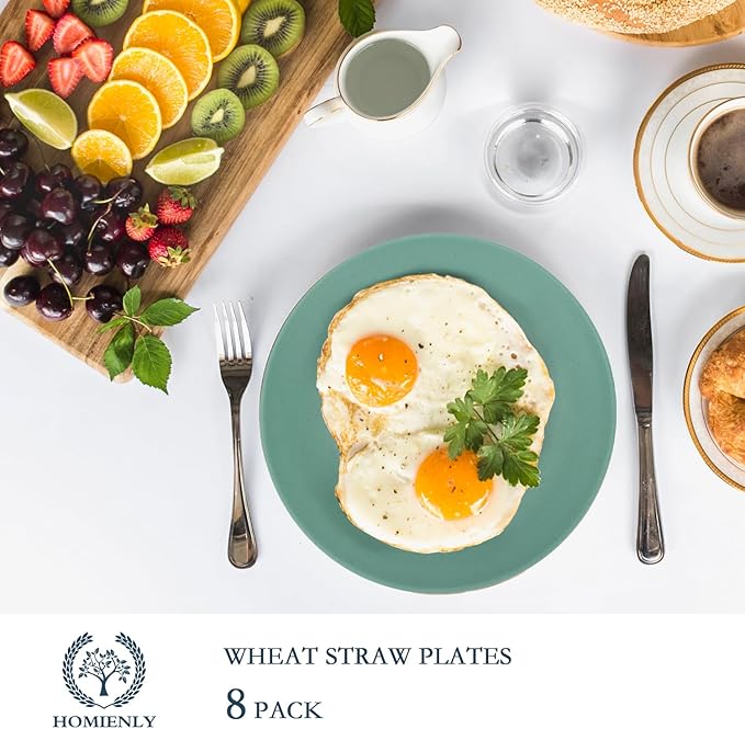Homienly Flat Dinner Plates Set of 8 Alternative for Plastic Plates Microwave and Dishwasher Safe Wheat Straw Plates for Kitchen Unbreakable Kids Plates(Green, 10 inch)