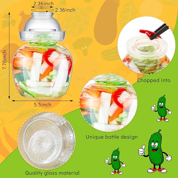 2 Pcs Glass Fermentation Jar Pickle Jar Kimchi Containers 1.5l Traditional Fermenting Pickle Pot with Water Seal Airlock Lid for Wine Brewing, Sauerkraut, Vegetable, Kombucha, Canning Fermentation Kit