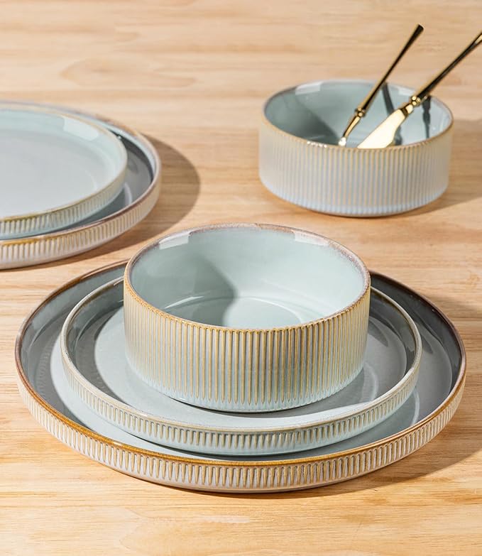 TheTerra Ceramic Dinnerware Sets for 8, 24 Pieces Porcelain Lightweight Plates and Bowls Sets, Scratch Resistant Dish Set, Oven & Microwave & Dishwasher Safe, Illusion Blue