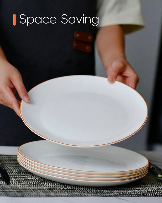 LaGlint 10.5 inch Dinner Plate Set of 6, Lightweight Round Opal Glass Dinnerware Plates, Dishwasher and Microwave Safe, Hand Painted Orange Rim