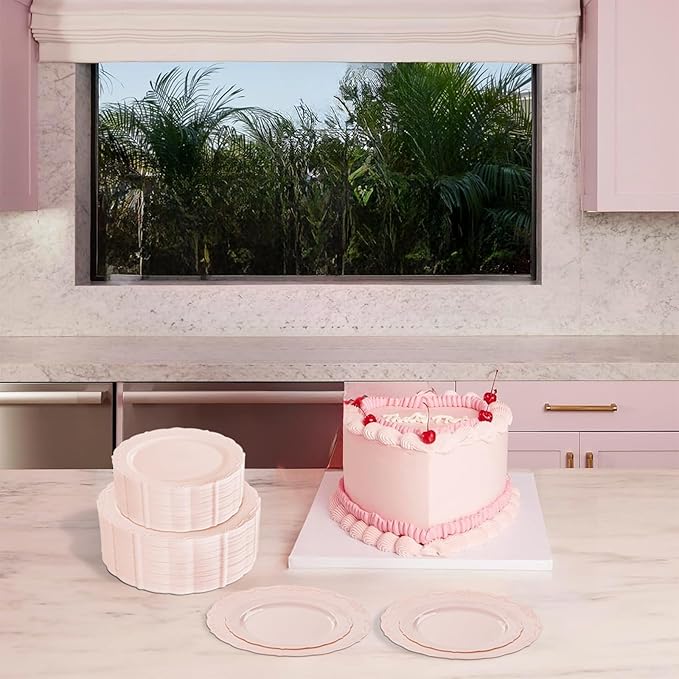 U-QE 100PCS Mauve Pink Plastic Plates - Heavy Duty Pink Disposable Plates for Mothers Day, Party, Baby Shower, Wedding - Serving 50 Guests Include 50PCS 10'' Dinner Plates & 50PCS 7.5'' Dessert Plates
