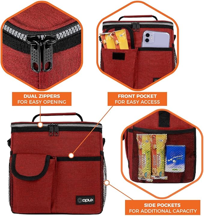 opux Insulated Lunch Box for Men Women Kids, Leakproof Reusable Lunch Bag Cooler for Work School Office, Soft Thermal Lunchbox Tote with Shoulder Strap for Boys Girls Adults, Heather Red, 18 Can/10L