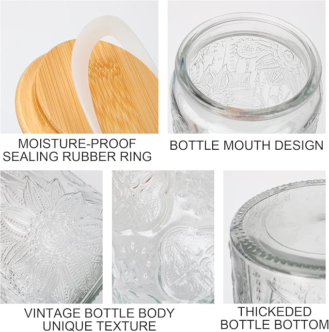 BEWAVE Vintage Glass Jar, 24oz Food Storage Containers Clear Mason Jars With Airtight Lid for Kitchen Counter,Coffee, Tea, Sugar, Candy, 2 Pack