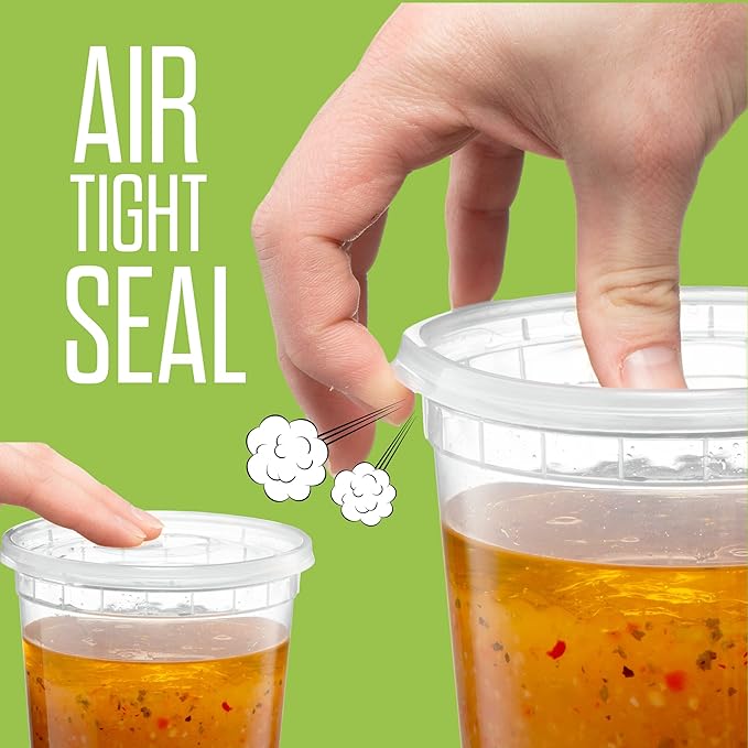 ELEGANT DISPOSABLES Combo Set 8, 8oz - 8, 16oz - 8, 32oz Plastic Deli Food Storage Containers with Airtight Flexible Lids Microwavable, Leak Free, Washable, Freezer Safe.