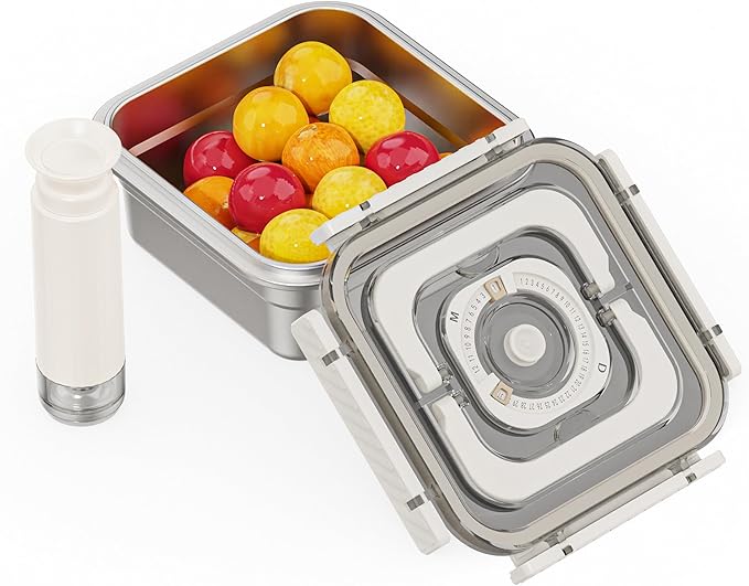 Stainless Steel Vacuum Food Storage Container with Handle- 1250ml/44oz, Large Capacity Leak-Proof Lunch Box with Hand Pump, Freezer & Dishwasher Safe - Portable for Work, Picnics