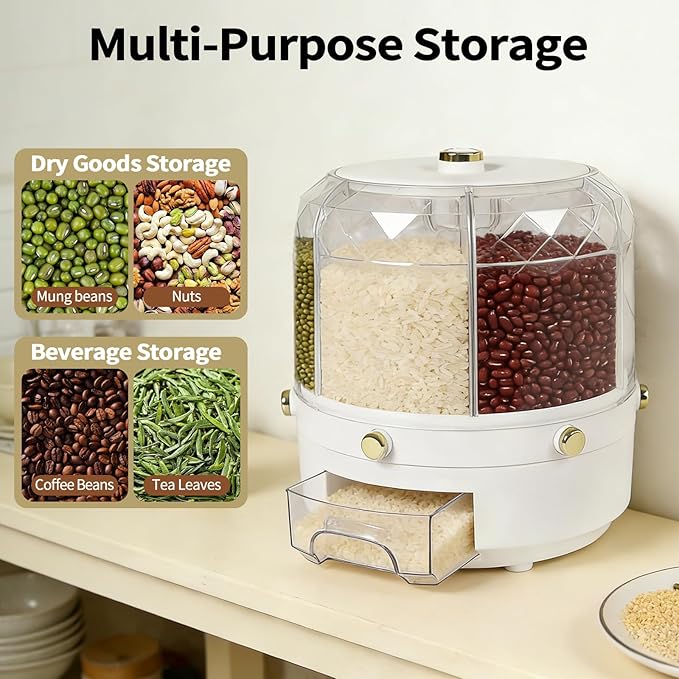Rice Food Grain Dispenser, 6 Grids Rice & Grain Storage Container 360° Rotatable Grain Dispenser One-Button Pressing Storage Bucket for Grains Snacks Coffee Beans Pet Food Dispenser (13.2LBS)