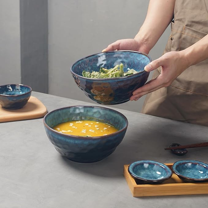 60 oz Large Ceramic Soup Bowl,8.2 Inch Stoneware Serving Bowl for Salad,Pasta,Fruit,Popcorn,Kitchen Bowls Set of 2,Starry Blue