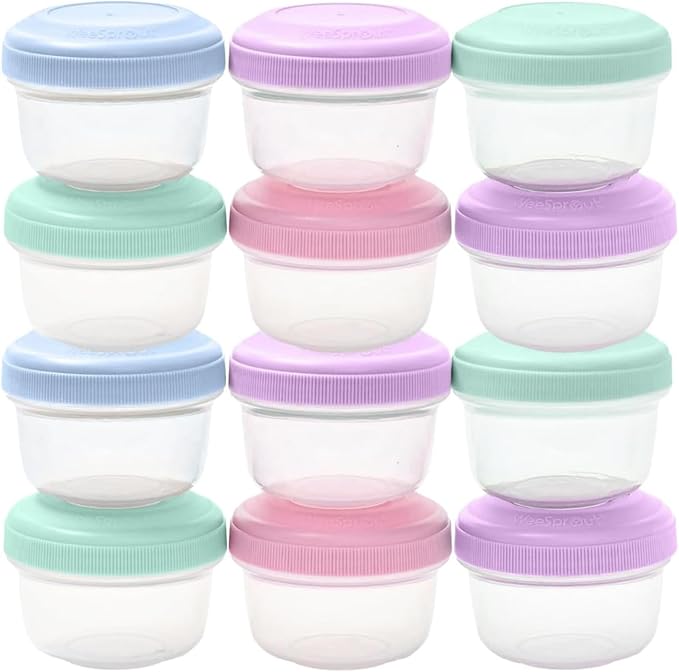 WeeSprout Leakproof Baby Food Storage - 12 Set, Small Plastic Containers with Lids, Lock in Freshness, Nutrients & Flavor, Freezer & Dishwasher Friendly, 4oz Snack Containers (Variety Pastel)