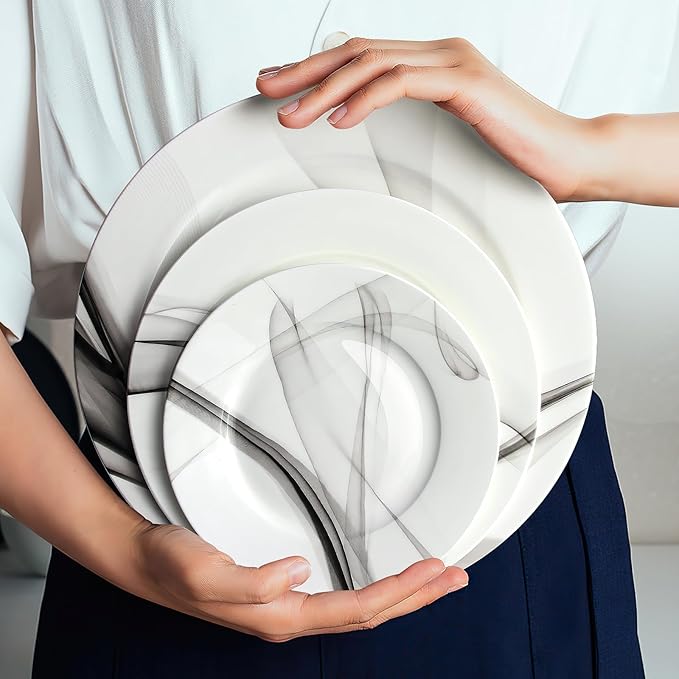 IQCWOOD Fine Bone China 8" Dessert Plates 6-Piece, Lightweight & Thin Salad Cake Side Plate, Microwave & Dishwasher Safe