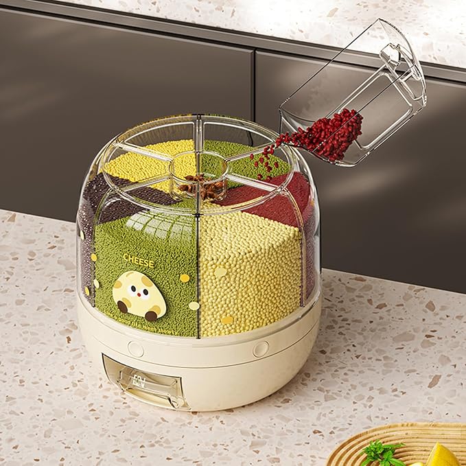UFORU Rice Dispenser | 360° Rotating Grain Storage Bin - 6 Grids, 20LBS Large Capacity Food Container, Moisture-Proof, One-Click Output for Rice, Beans & Pet Food (Decorative Print)