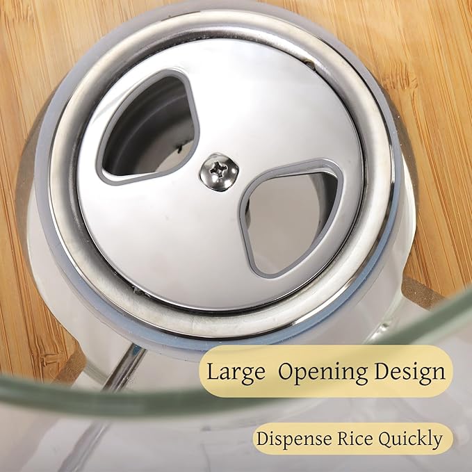 Tlence 5L Glass Rice Dispenser, Cereal Container with Bamboo Stand, Large Airtight Food Storage Bin, Rice Organization Tank with Measuring Cup for Grain Coffee Beans Dry Food