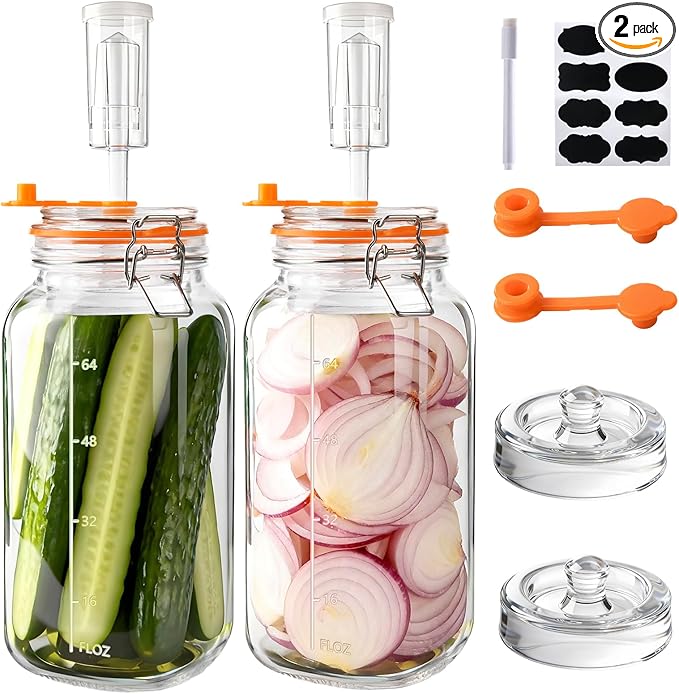 2 Pack 64oz/2L Glass Fermenting Jars with Airlocks & Weights – 3.3" Wide Mouth Sauerkraut Jar Set for Pickles, Kombucha, Kimchi – Complete Home Fermentation Kit for Beginners