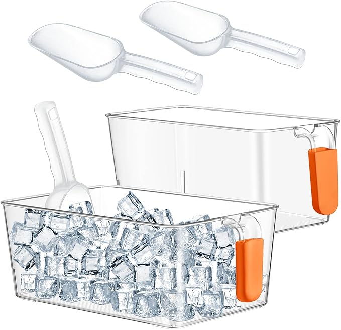 Havawish Ice Storage Bin and Flexible Scoop Set Plastic Freezer Bin with Pull out Handle Storage Bucket Clear for Container with Scoop(Orange,10.83 x 7 x 4.33 In,10.83 x 4.92 x 4.33 in,Classic)