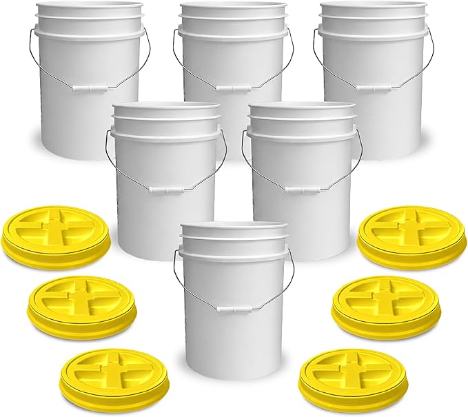 ePackageSupply 5 Gallon Bucket - Food Grade Bucket with Airtight Gamma Seal Screw-On Lid, BPA-Free, Heavy-Duty 90 Mil HDPE Plastic, Bulk Storage, Durable Container, Made in USA, White/Yellow, 6 Packs