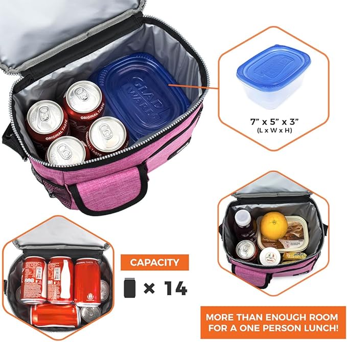 opux Insulated Lunch Box for Men Women Kids, Leakproof Reusable Lunch Bag Cooler for Work School Office, Soft Thermal Lunchbox Tote with Shoulder Strap for Boys Girls Adults, Heather Pink, 14 Can/8L