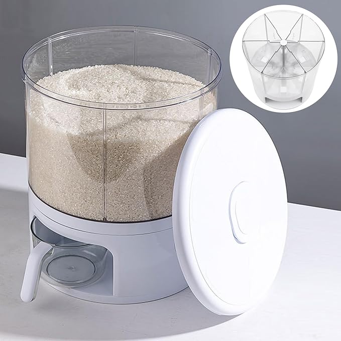 Rice Dispenser 6 Grids Dry Food Storage Containers 360° Rotating Cereal Dispenser for Kitchen Pantry Organization, Storage Bucket for Small Grains, Beans, Rice (6 Grids - Rotating White)