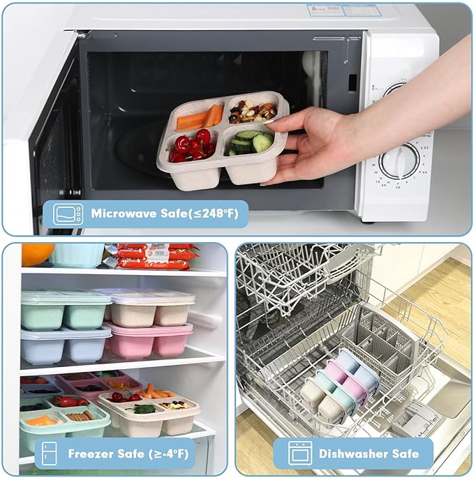 4 Pack Reusable Snack Containers with Lids, 4 Compartments Snack Box Container Bento Box, Divided Lunchable Food Storage Container for Meal Prep, Travel, Work, Microwave, Dishwasher Safe