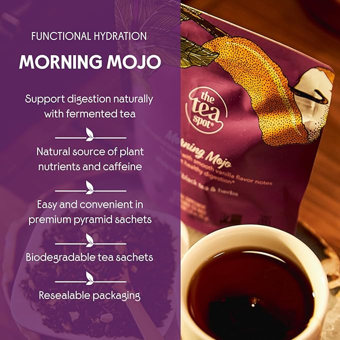 The Tea Spot Organic Morning Mojo Black Tea with Vanilla and Citrus for Energy | Breakfast Blend of Pu'erh Tea, Black Tea, Orange Peel and Vanilla Flavor | 15 Tea Bags