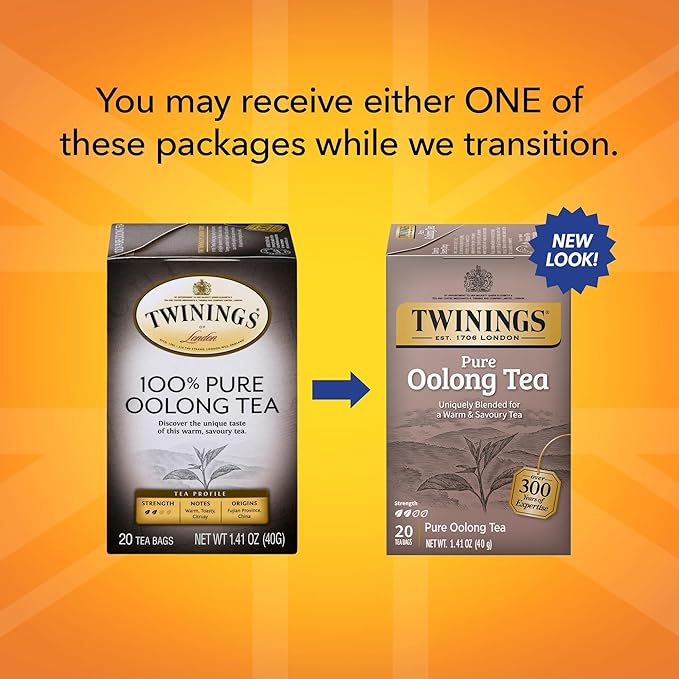 Twinings Pure Oolong Tea 2-Pack – Golden Caffeinated Tea, Individually Wrapped Tea Bags, 20 Count Each