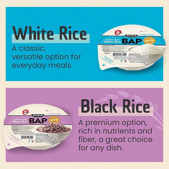 Premium Instant Rice | Sticky Sushi Rice | 0 Trans Fat/ 0 Cholesterol/ 0 Sodium | Ready in 90 Secs | Gluten-Free | Healthy Sticky White Rice Bowls (Bap) – [WHITE Rice |12 Pack] | Long Shelf Life - O'Food