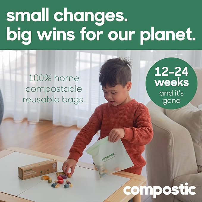 Compostic Compostable Snack Bags, Snack Size (180 + 20 Count) Bulk Pack — Resealable Zip-Seal, Plant-Based, Home Compostable, Freezer Safe, BPA-Free, Non-Toxic, GMO-Free Food Storage Bags