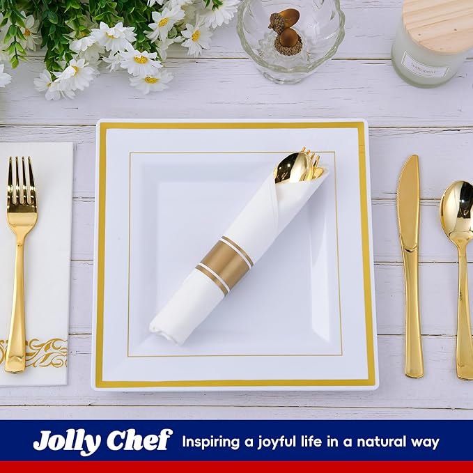 JOLLY CHEF 60 Pack Plastic Dinner Plates- Square Gold Plastic Plates with Elegant Gold Rim 9.5 Inch Disposable for Wedding, Birthday, Halloween and Party