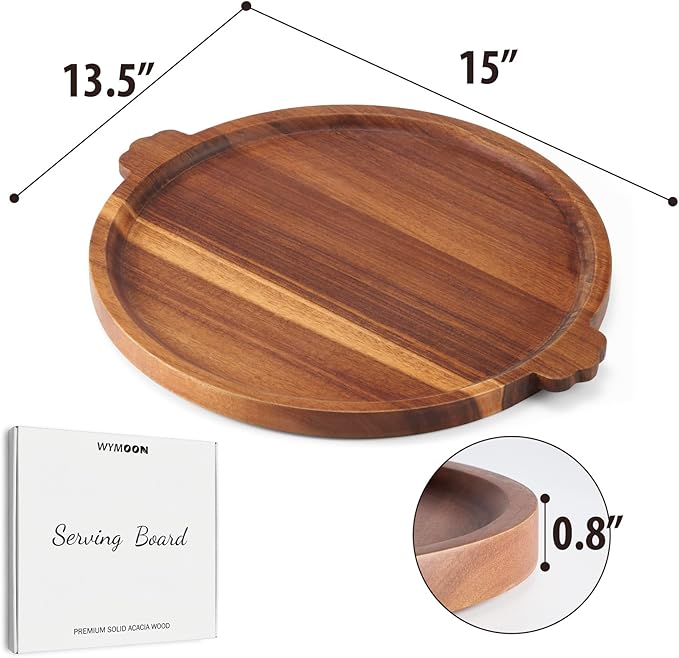Charcuterie Board | Acacia Wood Serving Tray with Handles 13'' | Round Decorative Ottoman Coffee Table Tray | Circular Wooden Cheese Board Serving Platter for Party Supplies