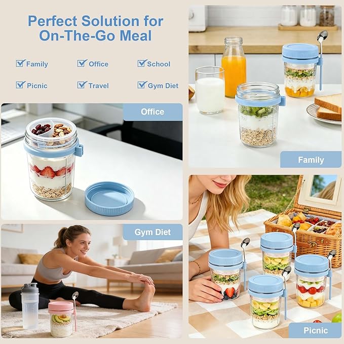 4 Pack Overnight Oats Containers with Lids and Spoons - 16 oz Glass Mason Jars with Dressing Cup, Over night Oat Jars for Meal Prep, Yogurt Parfait Cup for Chia Seed Salad (Blue)