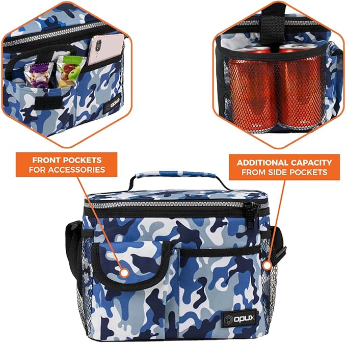 opux Insulated Lunch Box for Men Women Kids, Leakproof Reusable Lunch Bag Cooler for Work School Office, Soft Thermal Lunchbox Tote with Shoulder Strap for Boys Girls Adults, Camo Blue, 14 Can/8L